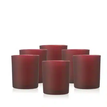 Skaidrūs burgundiškos spalvos stiklo indeliai su šerkšno efektu žvakėms 230 ml